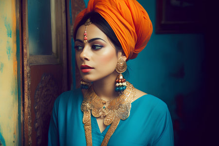 Portrait of a beautiful indian woman wearing turban and accessoriesの素材