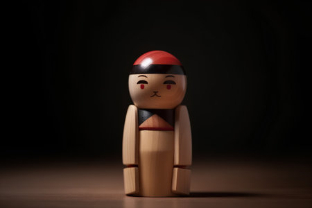 Wooden doll with red easter egg on a dark background.の素材