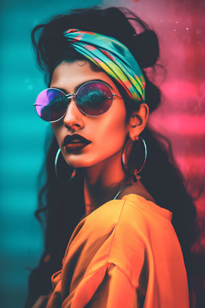 Fashionable young woman with bright make-up, hairstyle and sunglasses.の素材