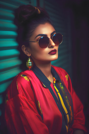 Fashion shot of a beautiful young woman in a red suit and sunglasses. Beauty, fashion. Optics.の素材