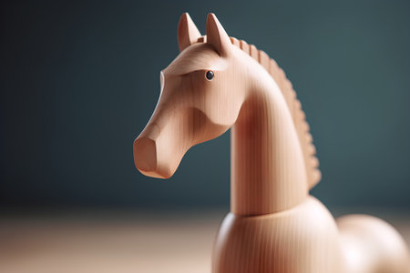 Wooden horse toy on dark background. 3d render illustration.の素材