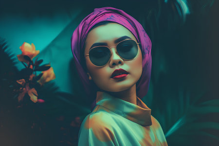 Portrait of a beautiful girl in sunglasses and a turban on her head.の素材
