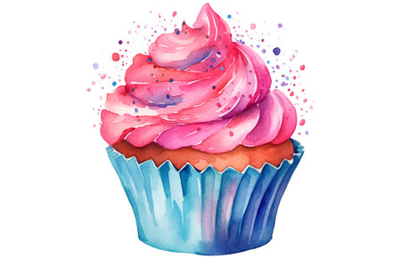 Watercolor cupcake isolated on white background. Hand drawn illustration.の素材