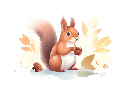 Watercolor squirrel with nut. Hand drawn illustration isolated on white background.の素材