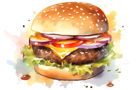 Watercolor illustration of hamburger with beef, cheese, tomato, onion and lettuceの素材