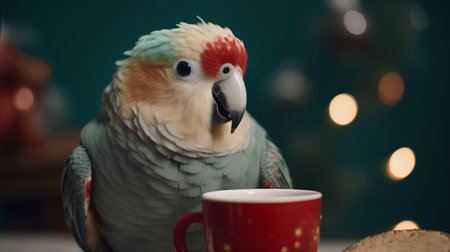 Cute parrot with a cup of coffee on a Christmas backgroundの素材