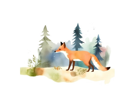 Watercolor illustration of a fox in the forest on a white backgroundの素材