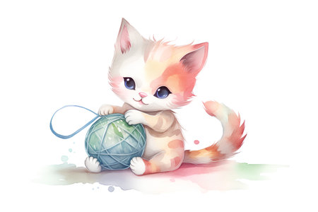 Cute kitten with a ball of yarn. Watercolor illustration.の素材