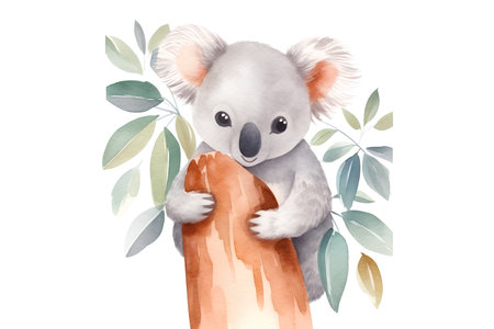 Cute koala with eucalyptus branch. Watercolor illustrationの素材