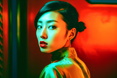Fashion portrait of young beautiful asian woman in neon light.の素材