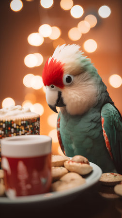 Cute parrot with cup of coffee and cookies on Christmas backgroundの素材