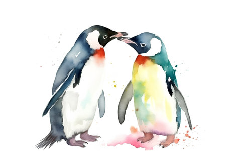 Two penguins isolated on a white background. Watercolor illustration.の素材