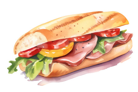 Sandwich with ham, tomato, lettuce and cheese. Watercolor illustrationの素材