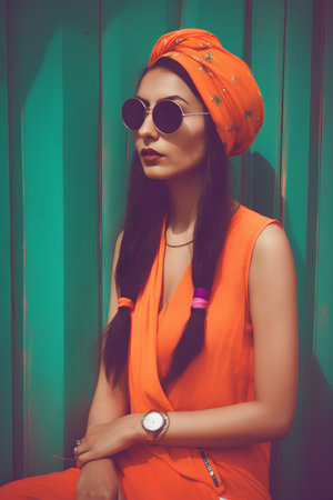 Fashion portrait of beautiful young woman in orange dress and turbanの素材