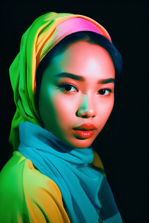 Fashion portrait of young beautiful asian muslim woman with bright make up.の素材