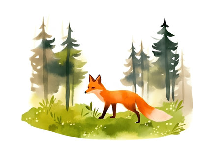 Watercolor image of a fox in the forest. Vector illustration.の素材