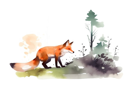 Watercolor illustration of a red fox in the forest on a white backgroundの素材