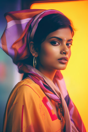 Fashion shot of a beautiful asian woman in a colorful scarf.の素材