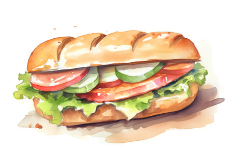 Hand drawn watercolor illustration of a sandwich with lettuce, tomato, cucumber and cheese.の素材
