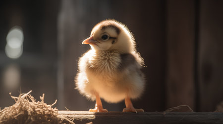 Cute little chicken on a wooden background. Selective focus.の素材