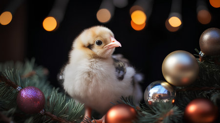 Cute little chicken on Christmas tree. Festive background with bokeh lights.の素材
