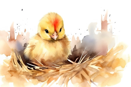 chick in the nest on a white background, watercolor illustrationの素材