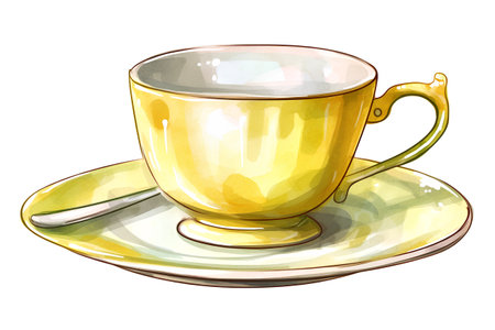 Yellow cup of tea with saucer and spoon. Vector illustration.の素材