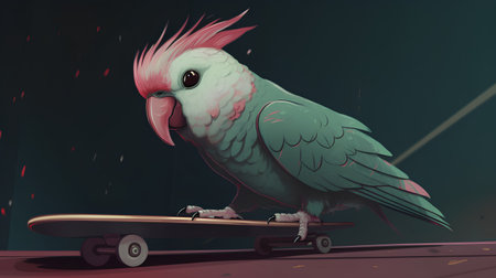 Parrot with a skateboard on the background of the night cityの素材
