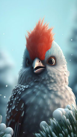 Cute cartoon parrot in winter forest. 3D illustration.の素材