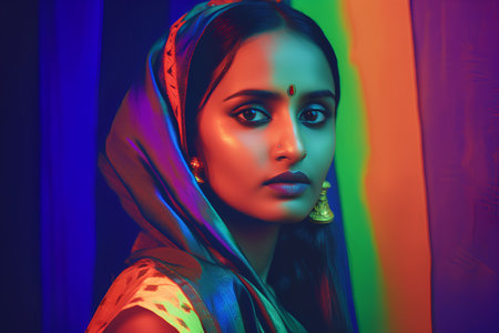 Portrait of a beautiful young woman with colorful make-up.の素材