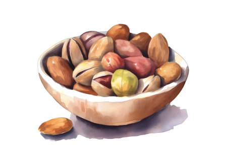 Watercolor illustration of nuts in a bowl on a white background.の素材