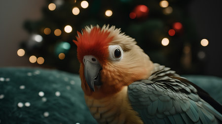 Portrait of a red-crested cockatiel in front of a Christmas treeの素材