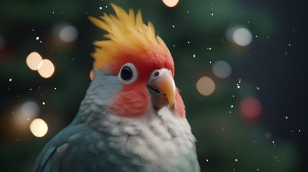 Beautiful parrot with Christmas lights and bokeh on backgroundの素材