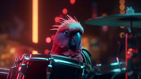 Red parrot sitting on a drum set and playing the drums.の素材
