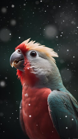 Beautiful red parrot on a dark background with falling snow.の素材