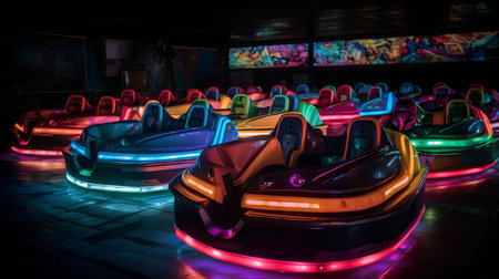 Bumper cars in amusement park at night. 3D rendering.の素材