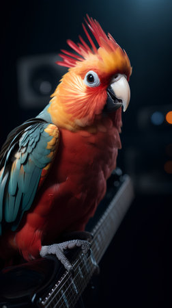 Parrot on the electric guitar on a dark background close-upの素材