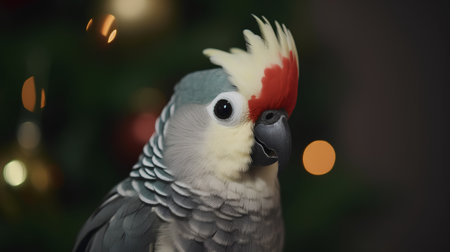 Portrait of a parrot on a background of a Christmas treeの素材