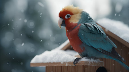 Beautiful parrot sitting on a bird feeder in the snowの素材