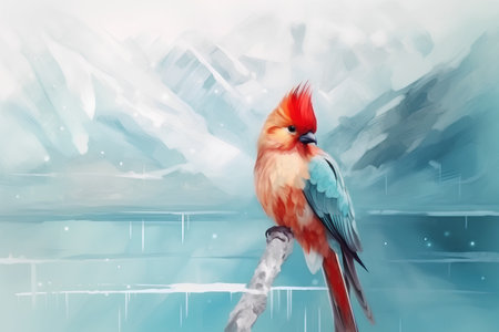 Illustration of a cardinal bird sitting on a branch in the snowの素材