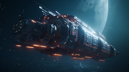 Futuristic spaceship in deep space. Futuristic spaceship. 3D renderingの素材