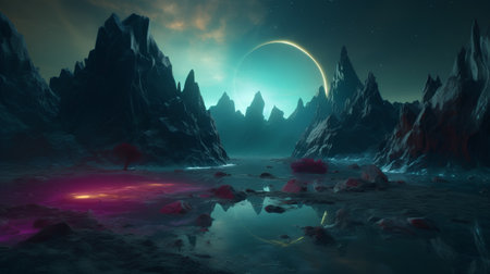 Fantasy alien planet. 3D illustration of fantasy alien landscape.の素材
