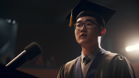 young asian man in graduation cap and gown with microphone on stageの素材