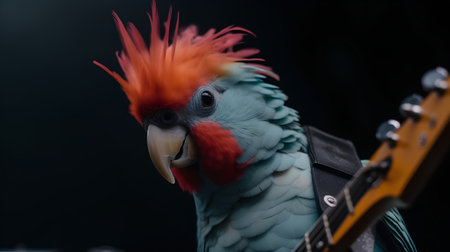 Parrot with an electric guitar on a dark background close-upの素材