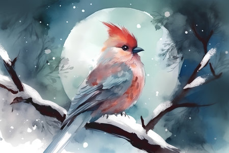Watercolor illustration of a cardinal bird sitting on a branch in the winter forestの素材
