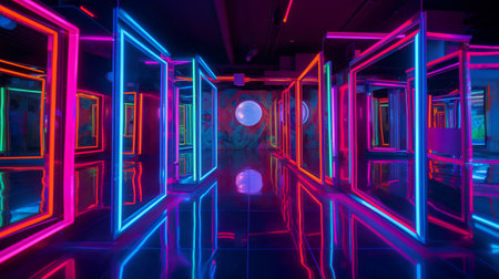 Futuristic corridor with glowing neon lights, 3d rendering backgroundの素材