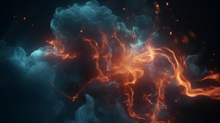 3D illustration of a fractal background with fire and smoke in itの素材