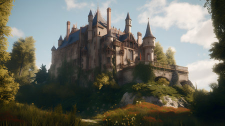 Castle on the hill. Fantasy landscape. 3D render.の素材