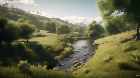 Mountain landscape with a river and trees in the foreground. 3d renderの素材