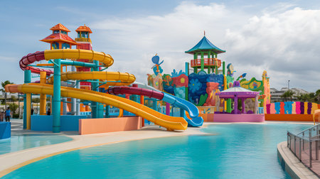 Colorful water slides in the park. 3d illustration. Background.の素材
